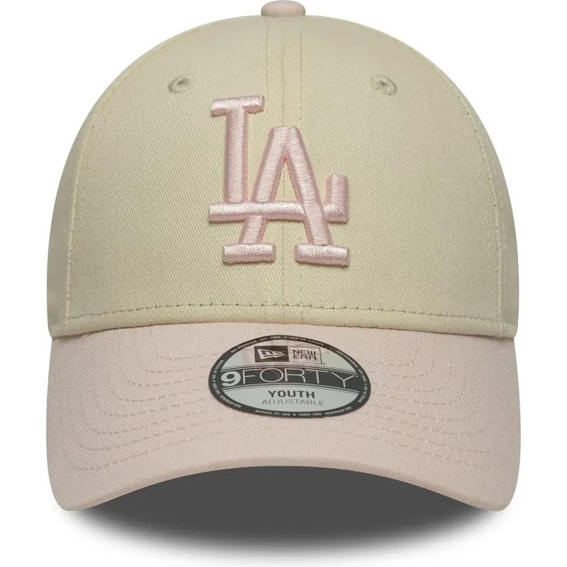 beige-und-rosa-verstellbare-gebogene-kappe-fur-kinder-9forty-league-essential-der-los-angeles-dodgers-mlb-von-new-era
