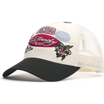Gorra trucker beige y negra Est 1971 Varsity Badge de Ed Hardy