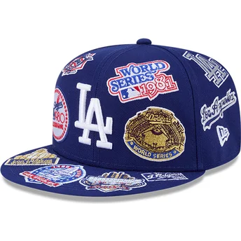New Era Flat Brim 59FIFTY All Over Logos Los Angeles Dodgers MLB Blue Fitted Cap