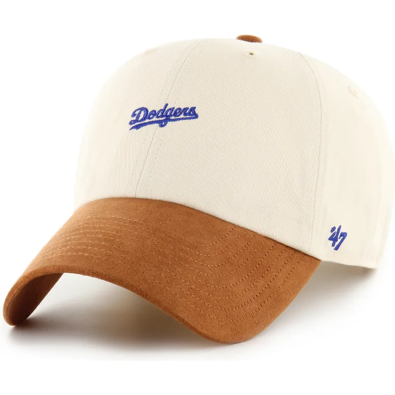 beige-und-braune-verstellbare-gebogene-kappe-clean-up-mini-script-suede-visor-der-los-angeles-dodgers-mlb-von-47-brand