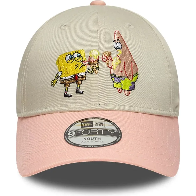 new-era-curved-brim-youth-spongebob-squarepants-and-patrick-star-9forty-beige-and-pink-snapback-cap