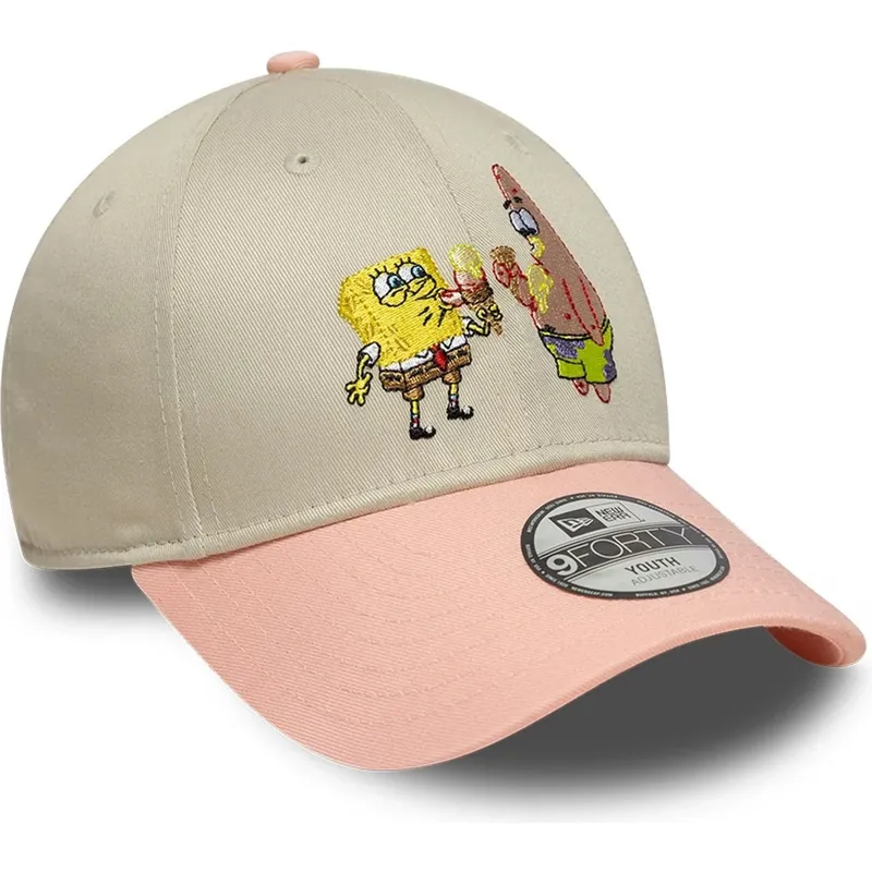 beige-und-rosa-gebogene-snapback-kappe-fur-kinder-9forty-von-spongebob-und-patrick-star-von-new-era