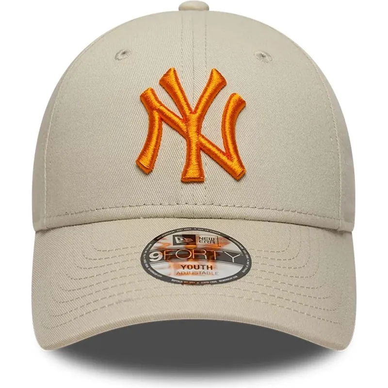 new-era-curved-brim-youth-orange-logo-9forty-league-essential-new-york-yankees-mlb-beige-adjustable-cap
