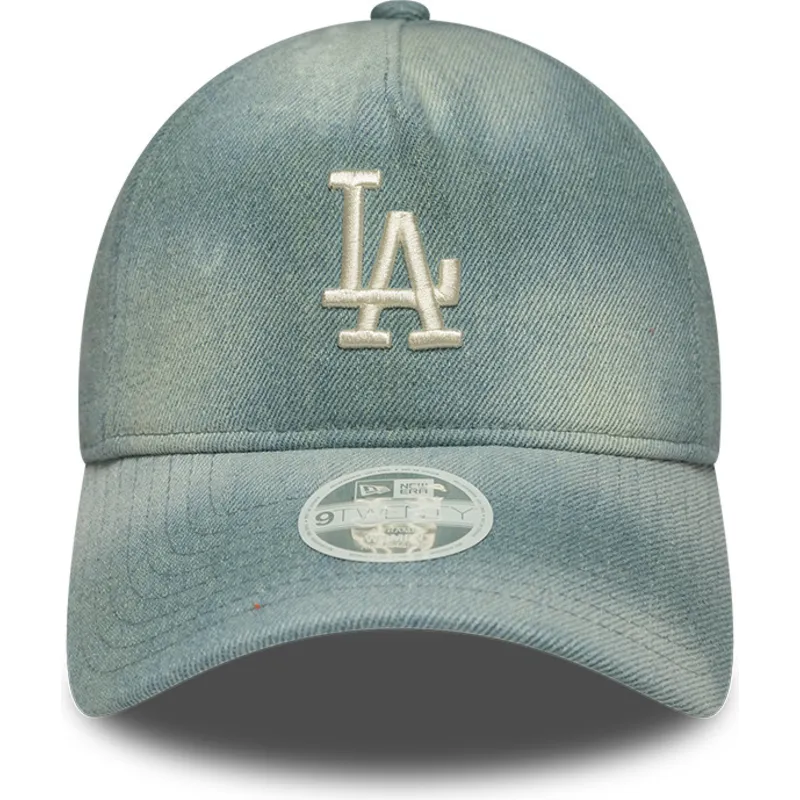 blaue-gebogene-verstellbare-damenkappe-9twenty-a-frame-denim-der-los-angeles-dodgers-mlb-von-new-era
