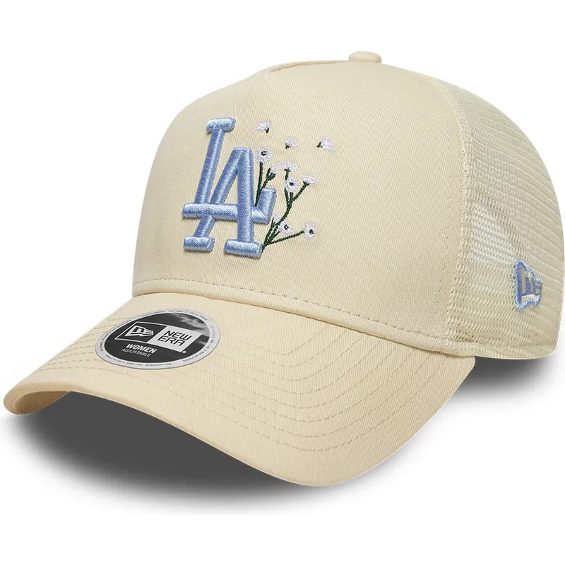 gorra-trucker-beige-con-logo-azul-para-mujer-9forty-a-frame-floral-de-los-angeles-dodgers-mlb-de-new-era