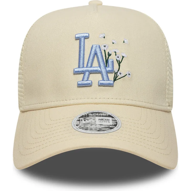 gorra-trucker-beige-con-logo-azul-para-mujer-9forty-a-frame-floral-de-los-angeles-dodgers-mlb-de-new-era