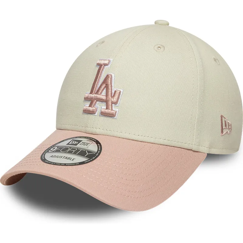beige-och-rosa-justerbar-kurvad-keps-med-rosa-logotyp-9forty-world-series-patch-fran-los-angeles-dodgers-mlb-av-new-era