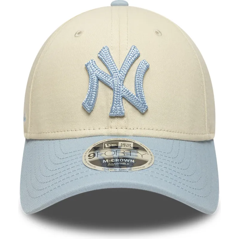 beige-und-blaue-gebogene-snapback-kappe-mit-blauem-logo-9forty-m-crown-side-script-der-new-york-yankees-mlb-von-new-era