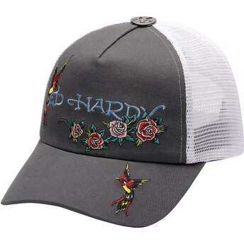 Čepice zaoblená šedá snapback Floral Swallow Ed Hardy