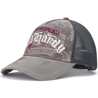 Čepice zaoblená šedá snapback Floral Tattoo City Vintage Wash Ed Hardy