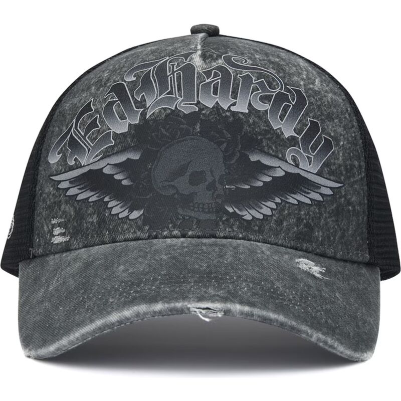 cepice-zaoblena-seda-snapback-flaming-gothic-skull-washed-ed-hardy
