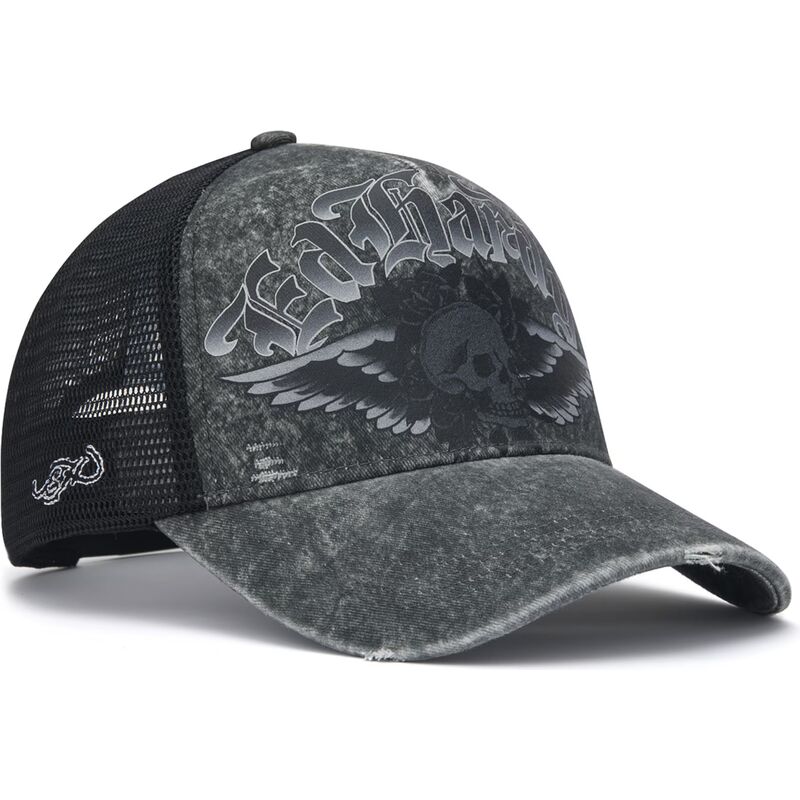 cepice-zaoblena-seda-snapback-flaming-gothic-skull-washed-ed-hardy