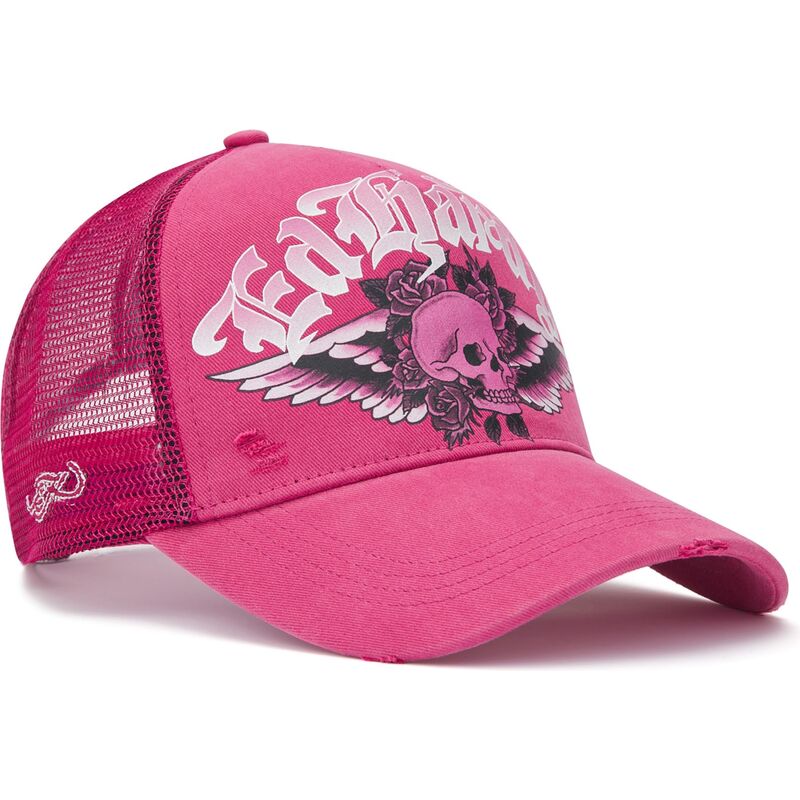 cepice-zaoblena-ruzova-snapback-flaming-gothic-skull-washed-ed-hardy