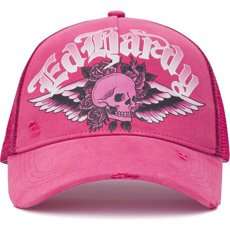 cepice-zaoblena-ruzova-snapback-flaming-gothic-skull-washed-ed-hardy